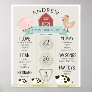 Farm Animals1st Birthday Milestone Beige Poster
