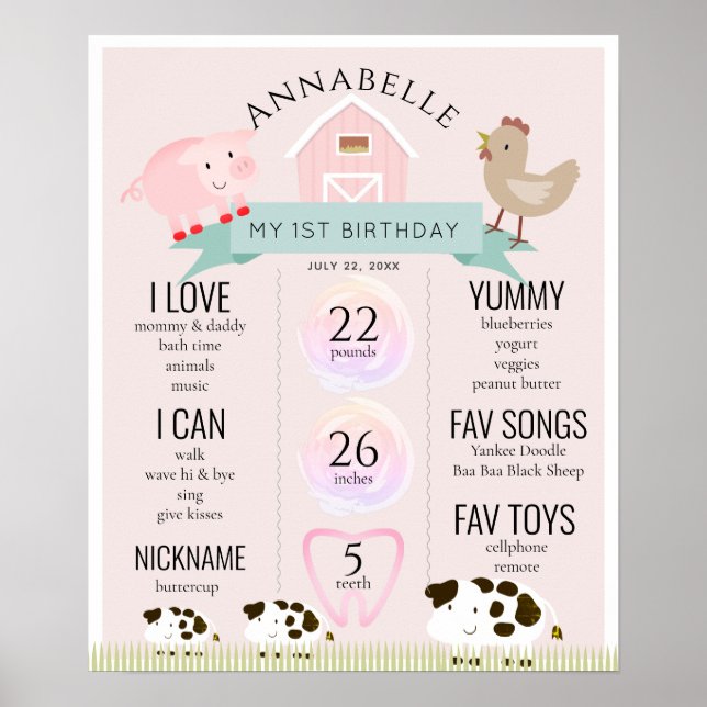 Farm Animals1st Birthday Milestone Pink Poster (Front)