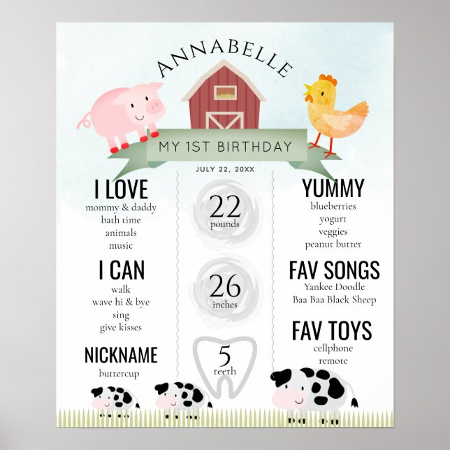 Farm Animals1st Birthday Milestone Poster (Front)