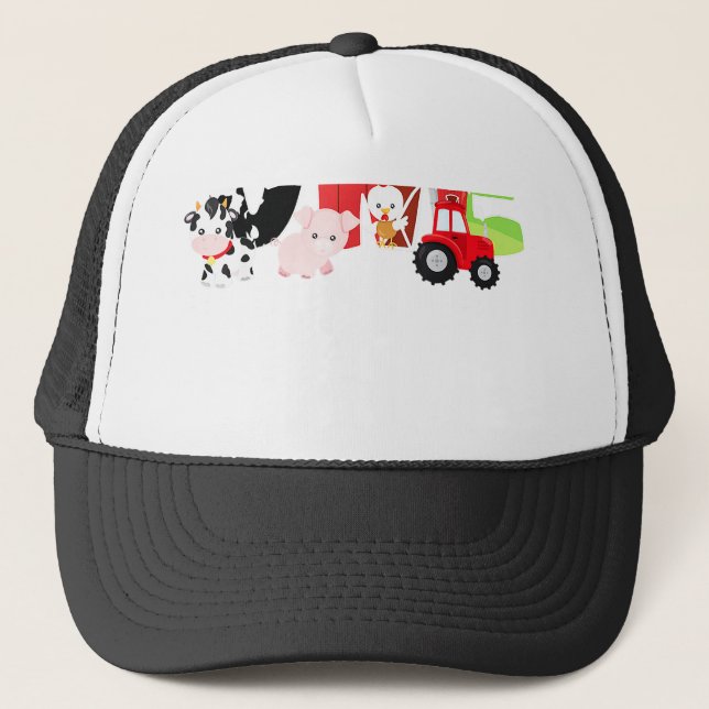 Farm Animals 1st Birthday Barnyard 1 Year Old Baby Trucker Hat (Front)