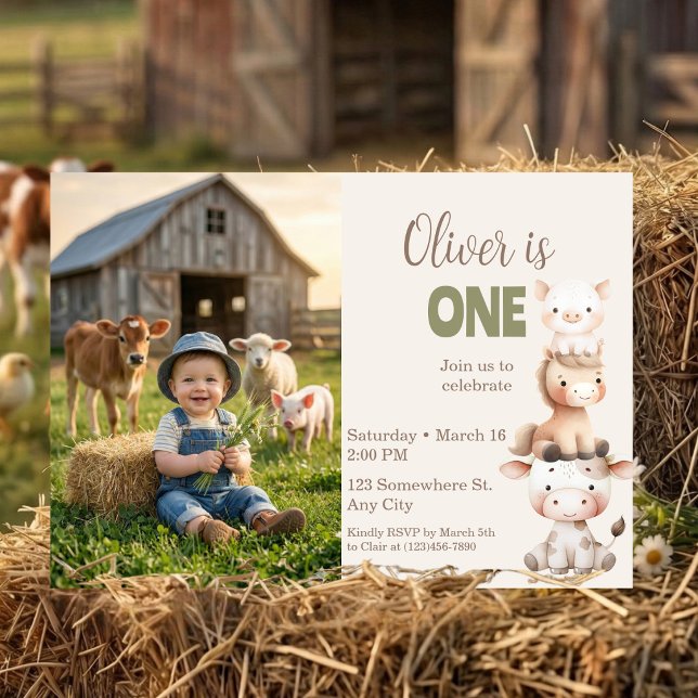 Farm Animals 1st Birthday Barnyard Baby Boy Photo Invitation (Farm Animals 1st Birthday Barnyard Baby Boy Photo Invitation)