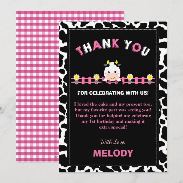 Farm Animals 1st Birthday Party Girl Barnyard Pink Thank You Card (Front/Back)