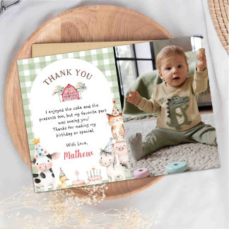 Farm Animals 1st Birthday Thank You Card Photo