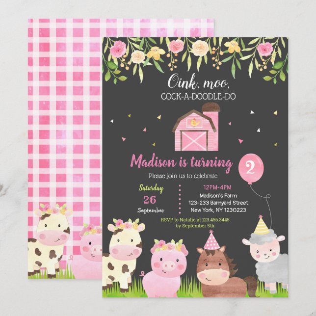 Farm Animals 2nd Birthday Party Invitations Girl (Front/Back)