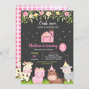 Farm Animals 2nd Birthday Party Invitations Girl
