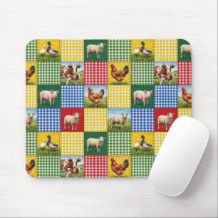 Farm Animals and Gingham Patchwork Quilt Mouse Mat