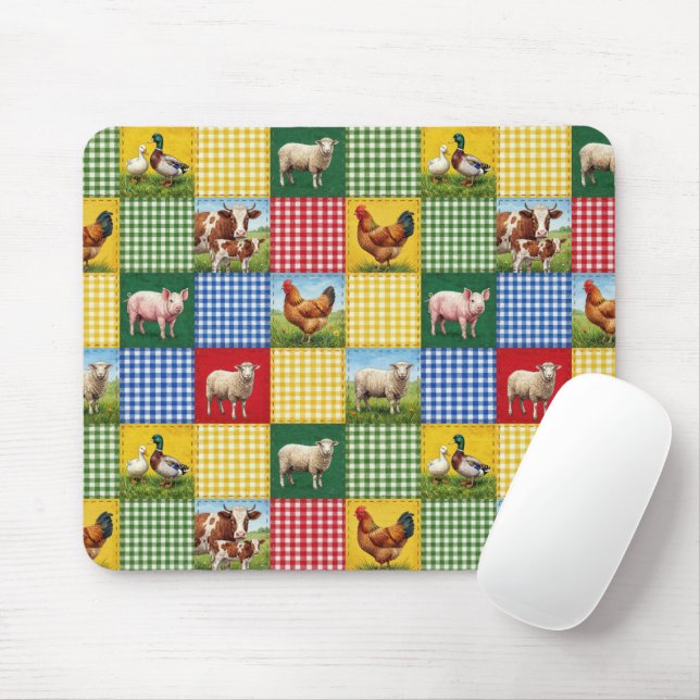 Farm Animals and Gingham Patchwork Quilt Mouse Mat (With Mouse)