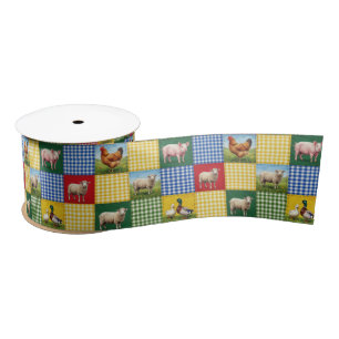 Farm Animals and Gingham Patchwork Quilt Satin Ribbon