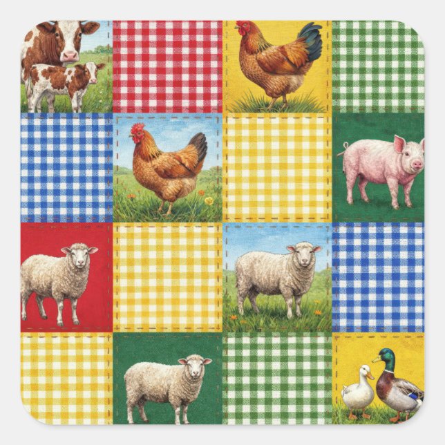 Farm Animals and Gingham Patchwork Quilt Square Sticker (Front)