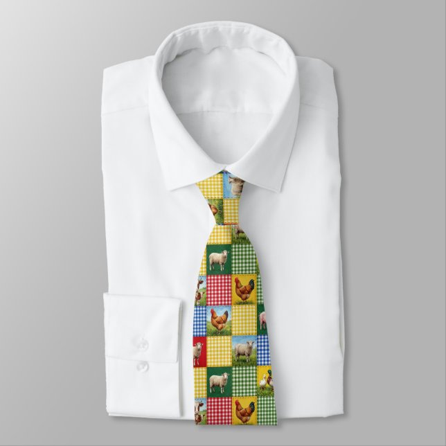 Farm Animals and Gingham Patchwork Quilt Tie (Tied)