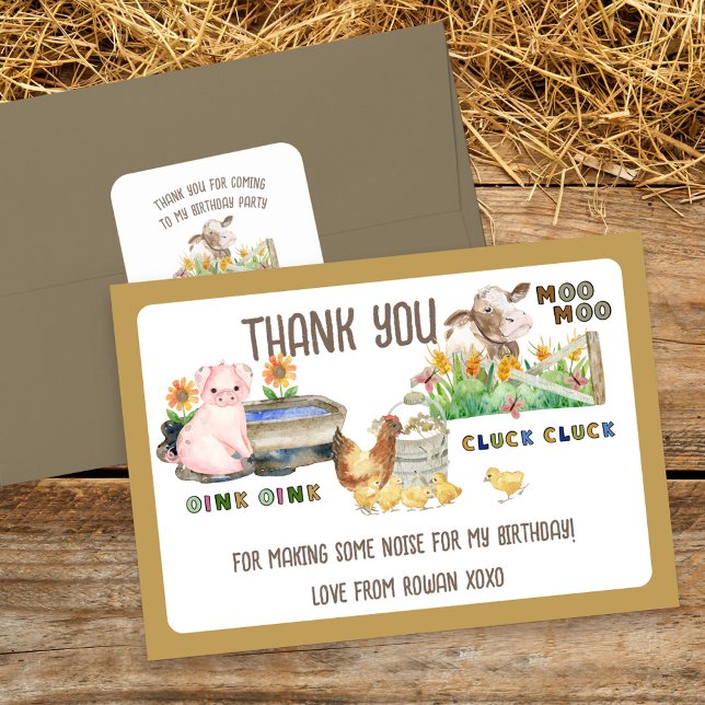 Farm Animals and Noises Kids Birthday Thank You Card (Thank You for Making some Noise for my Birthday (editable) Farm Themed Thank You Card)
