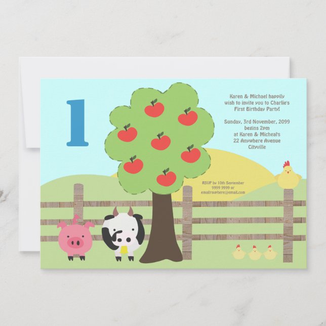 Farm Animals Apple Tree 1st Birthday Party Invite (Front)