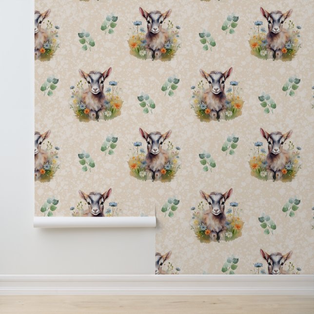 Farm Animals Baby Goat Greenery on Cream Wallpaper (Application)