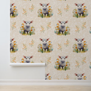 Farm Animals Baby Sheep Floral on Cream Wallpaper