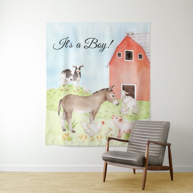 Farm Animals Baby Shower Banner Backdrop Tapestry (In Situ)