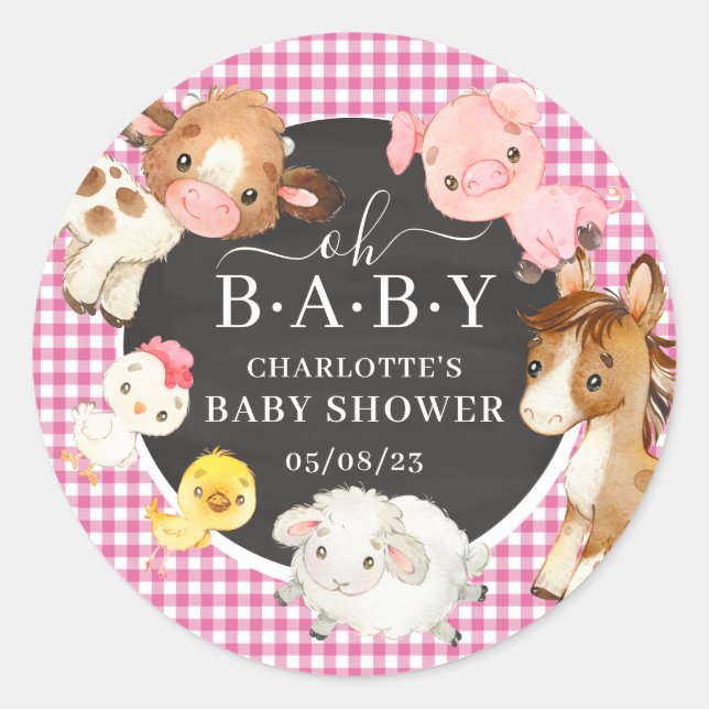 Farm Animals Baby Shower Favour Classic Round Sticker (Front)