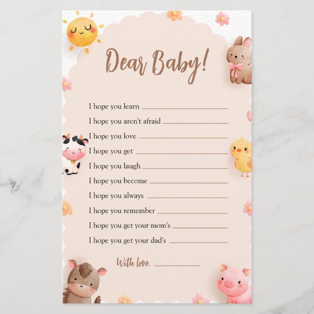 Farm Animals Baby Shower Game Dear Baby Wishes (Front)