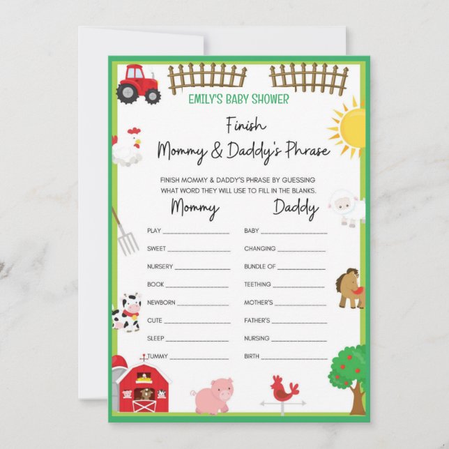 Farm Animals Baby Shower Game Size Invitation (Front)