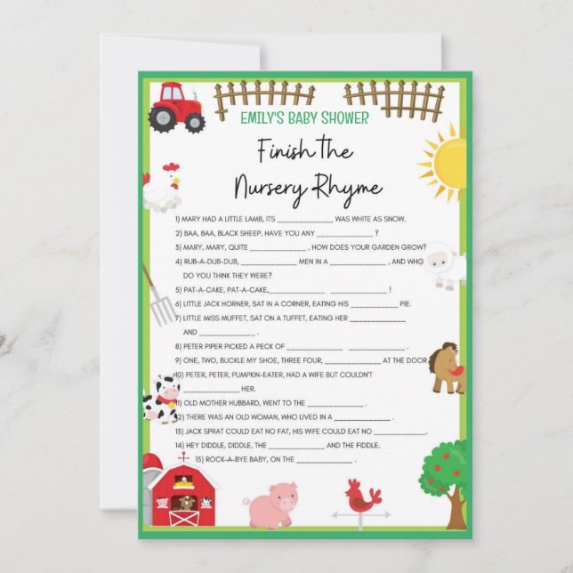 Farm Animals Baby Shower Game Size Invitation (Front)