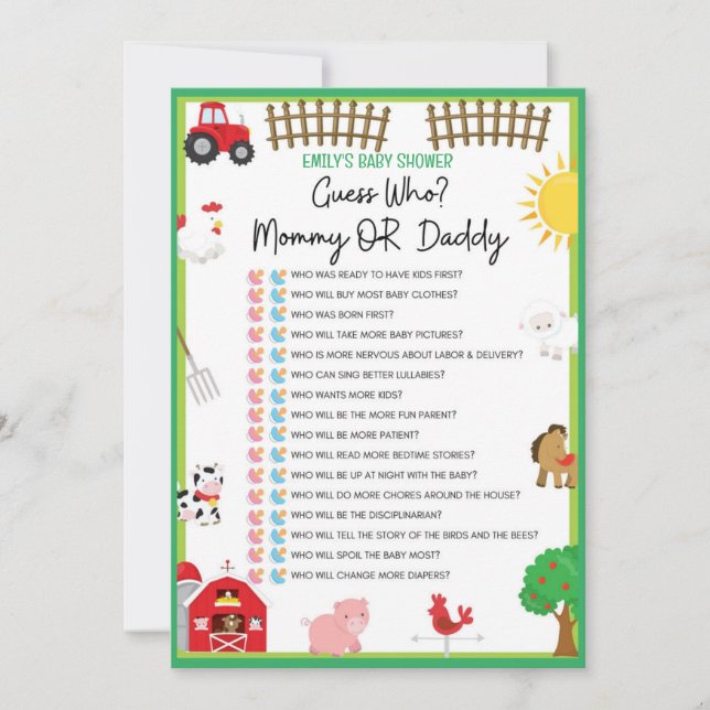 Farm Animals Baby Shower Game Size Invitation (Front)