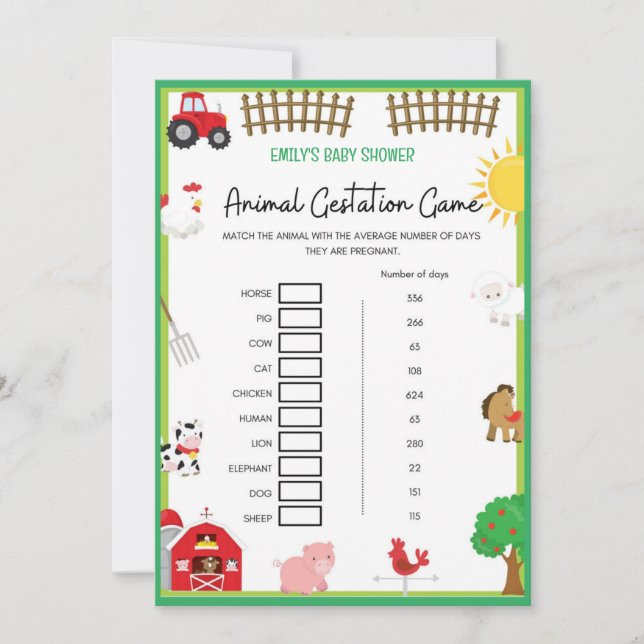 Farm Animals Baby Shower Game Size Invitation (Front)