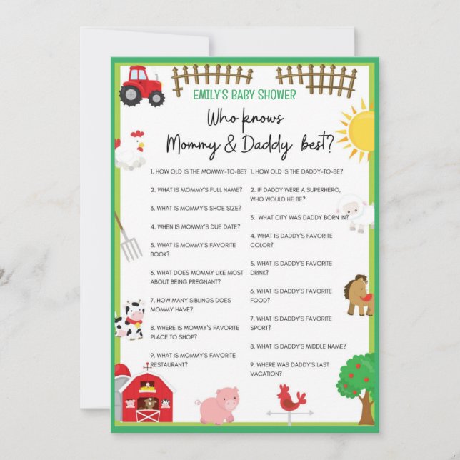 Farm Animals Baby Shower Game Size Invitation (Front)