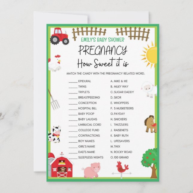 Farm Animals Baby Shower Game Size Invitation (Front)