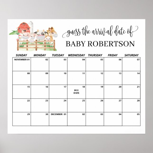 Farm Animals Baby Shower Guess Due Date Calendar Poster (Front)