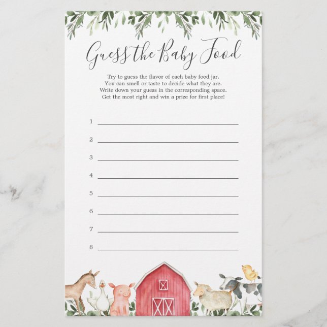 Farm Animals Baby Shower Guess The Baby Food (Front)