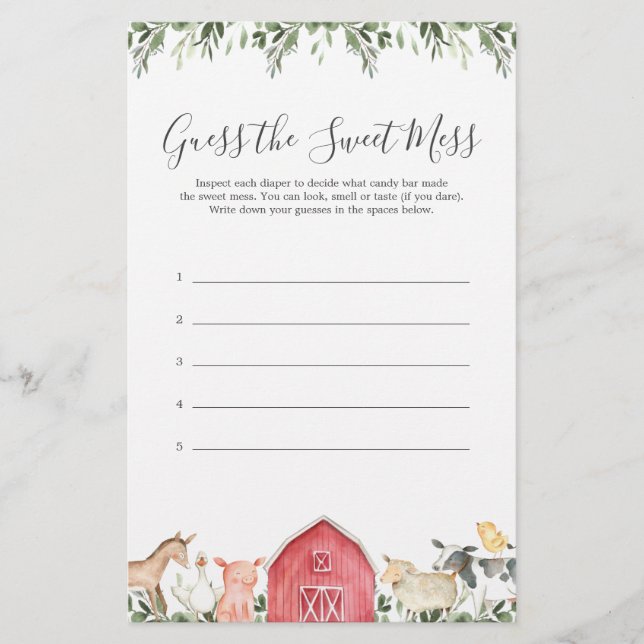 Farm Animals Baby Shower Guess The Sweet Mess (Front)