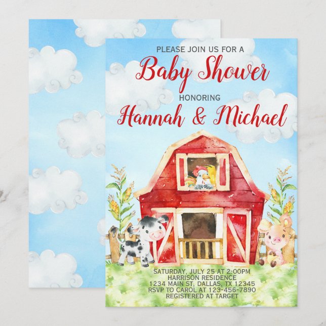 Farm Animals Baby Shower Invitation Invite, Barn (Front/Back)