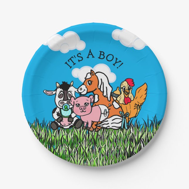 Farm Animals Baby Shower Its a Boy Paper Plate (Front)