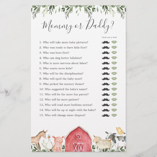 Farm Animals Baby Shower Mummy or Daddy Game (Front)