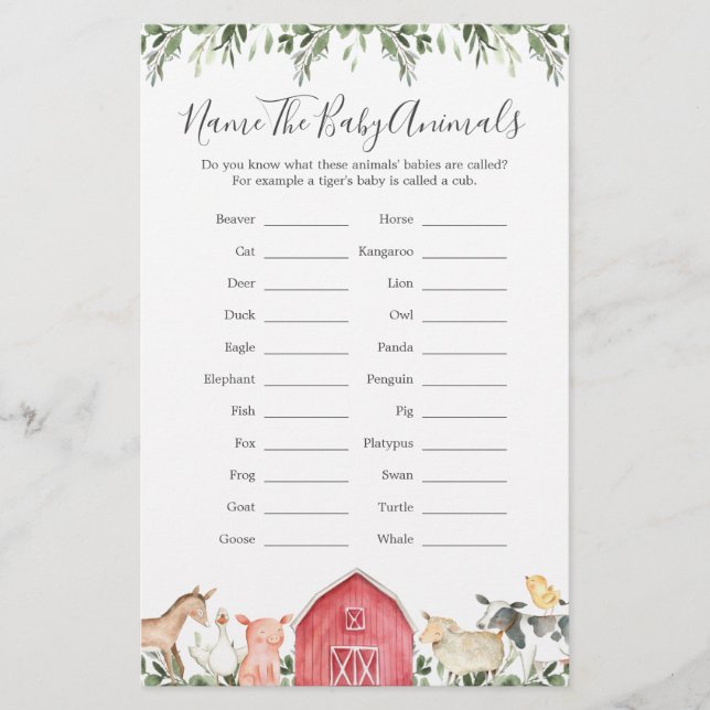 Farm Animals Baby Shower Name The Baby Animals (Front)