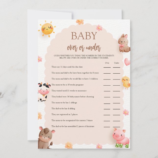 Farm Animals Baby Shower Over or Under Game Card (Front)