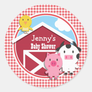 Farm Animals Baby Shower; Red & White Gingham Classic Round Sticker
