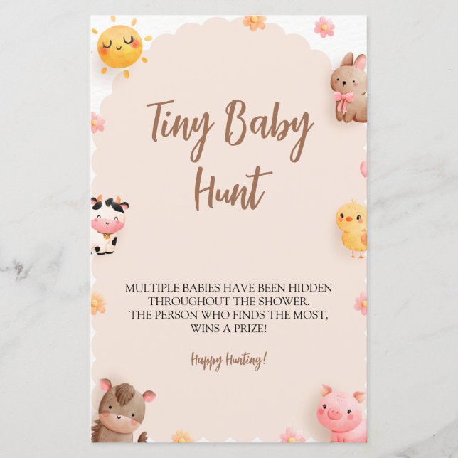 Farm Animals Baby Shower Tiny Baby Hunt Game  (Front)