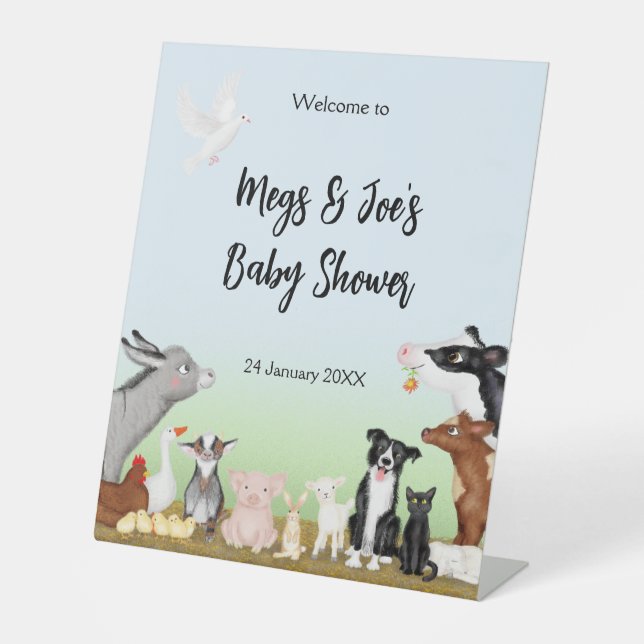 Farm animals baby shower welcome pedestal sign (Front)