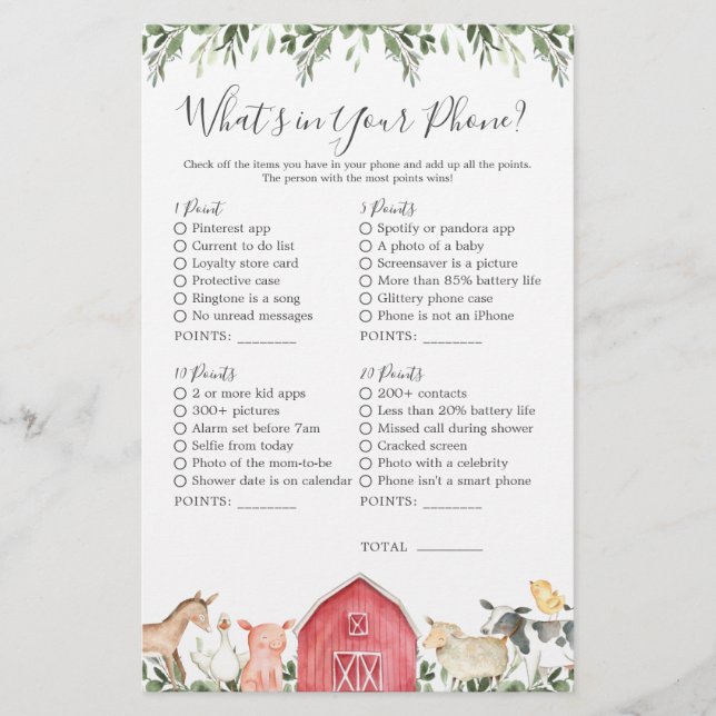 Farm Animals Baby Shower What's in Your Phone (Front)