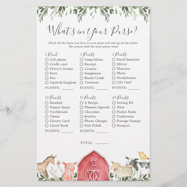 Farm Animals Baby Shower What's in Your Purse (Front)