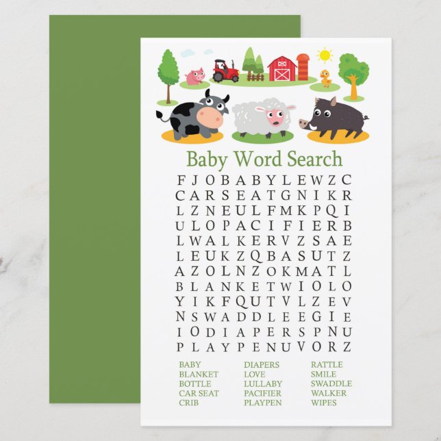 Farm animals Baby Shower Word Search Game (Front/Back)