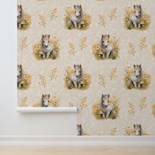 Farm Animals Baby White Horse Floral on Cream Wallpaper
