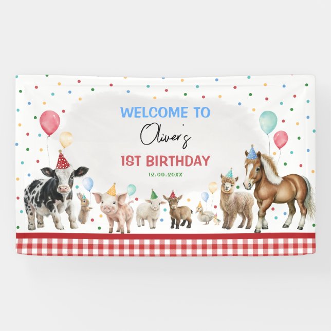 Farm Animals Balloon Confetti Boy Birthday Party Banner (Horizontal)