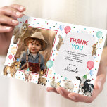 Farm Animals Balloon Confetti Boy Birthday Party Thank You Card<br><div class="desc">This thank you card is all about combining the magic of farms with a playful twist. We've got adorable farm animals,  colourful balloons in vibrant shades of red,  blue,  green,  yellow and a sprinkle of confetti to set the stage for a barnyard bash like no other!</div>