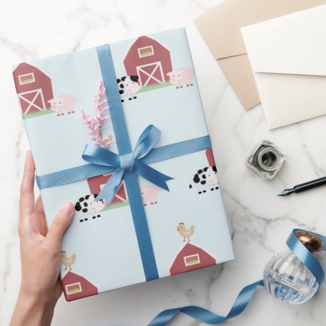 Farm Animals & Barn Pattern Blue Wrapping Paper (Gifting)