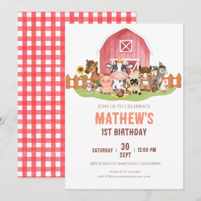 Farm animals Barnyard 1st 2nd Birthday Invitation (Front/Back)