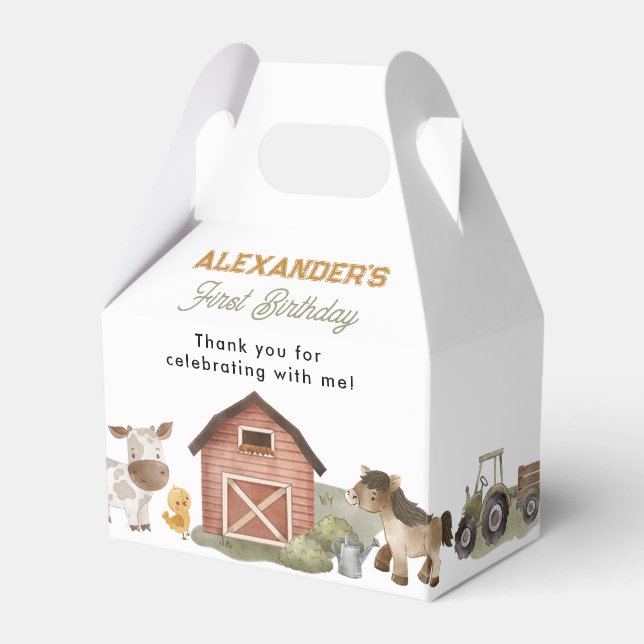 Farm Animals Barnyard 1st Birthday Favour Box (Front Side)