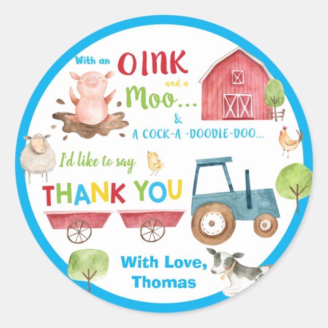 Farm Animals Barnyard 1st Birthday Thank You Favor Classic Round Sticker (Front)