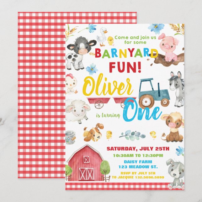 Farm Animals Barnyard 1st Birthday Turning One Inv Invitation (Front/Back)
