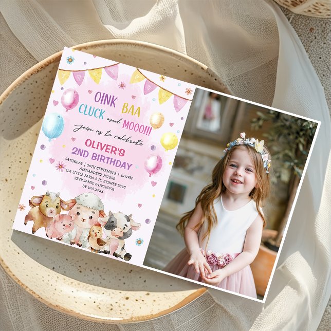Farm Animals Barnyard Balloon Birthday Photo  Invitation (Creator Uploaded)